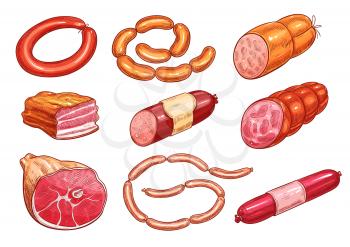 Meat and sausage bbq product icon set. Beef and pork sausage, ham, salami, bacon, smoked frankfurter, gammon and chicken bologna isolated sketch for restaurant grill menu or butcher shop design