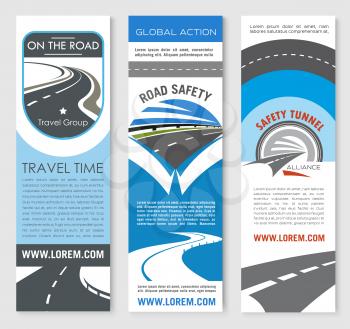 Road highway banner template set. Asphalt highway, road tunnel and speedy freeway symbol with text layouts for travel and car trip web banner, transport services and traffic safety themes design