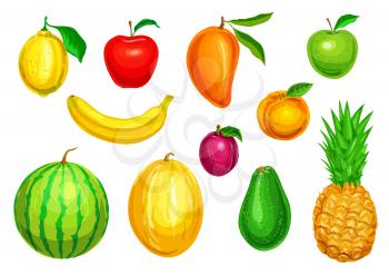 Fruit watercolor illustration set. Red and green apple, lemon, banana, pineapple, mango, watermelon, plum, melon and avocado tropical and garden fruit for diet dessert, fresh juice design