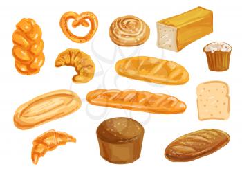 Bread and bun watercolor set. Wheat and rye bread, french baguette and croissant, cupcake, sweet bun, cinnamon roll, toast and italian ciabatta. Bakery product hand drawn illustration for food design