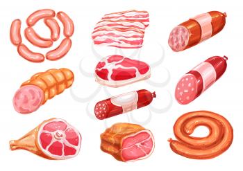 Meat product watercolor drawing set. Fresh beef steak, pork sausage, ham, bacon slice, salami, frankfurter, gammon and pepperoni sausage for healthy meat food, butcher shop and bbq party design