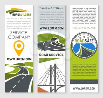 Road construction and development company banner set. Road bridge and tunnel building flyer, highway traffic safety brochure, car trip and travel poster for transportation service themes design