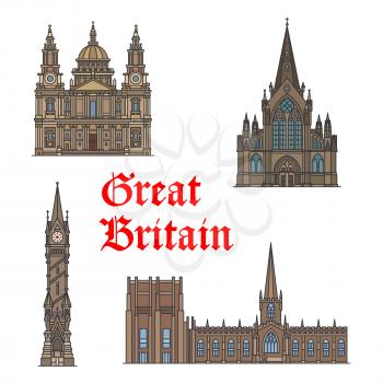 British travel landmark thin line icon set with architecture of England. St Paul Cathedral, Glasgow Cathedral, Haymarket Memorial Clock Tower and Sheffield Cathedral Church for travel guide design