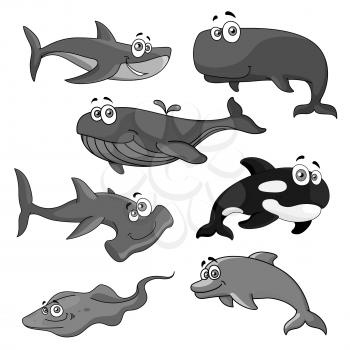 Cartoon big fishes vector icons. Isolated set of ocean whale, killer whale or orca, underwater sea stingray, dolphin or cachalot animal, shark and predatory hammerhead fish