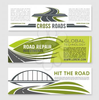 Road and highway banner template set. Curved road under railway bridge, asphalt highway and crossroad symbol for road construction company, car trip, travel and transportation services design