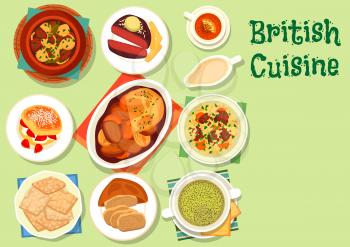 British cuisine healthy food icon with irish stew of potato and meat, beef steak with fries, meat pie, vegetable lamb stew, lamb soup, scone with berry jam, oatmeal cookie, sorrel cream soup