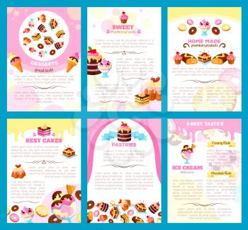 Desserts and bakery shop brochure or poster of vector sweet cakes, biscuits or gingerbread cookies and chocolate donuts or brownie puddings, muffins and cupcakes for patisserie or cafe menu template