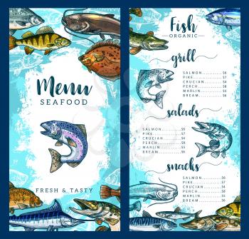 Seafood and fish restaurant menu template of fresh fish dishes. Vector price for grill salmon, pike, crucian or perch and marlin or bream, seafood gourmet snacks and salads or delicatessen appetizers