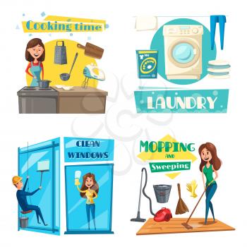 Home cleaning, cooking and laundry. Vector woman cook at kitchen with dishware of saucepan and tableware utensils, washing machine and linen, man cleans window or mopping room with vacuum cleaner