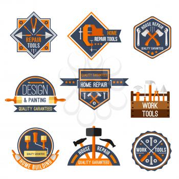 Home repair, carpentry and painting work tools vector icons set. Isolated labels of instruments toolbox with hammer, ruler or mallet and paint brush, screwdriver and drill or wrench spanner