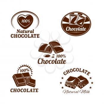 Chocolate desserts icons set of fondant and choco hearts for confectionery and sweets product labels or pack design templates. Isolated symbols of milk chocolate bars with natural nuts or raisins