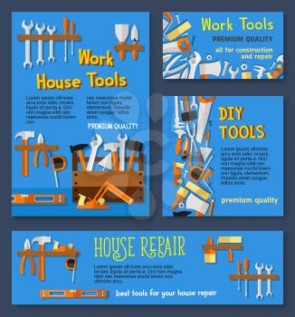 House repair work tools and do it yourself toolbox vector templates of home fix instruments for carpentry and building. Drill and hammer or ruler, scredriver and spanner or plaster trowel, saw and pai