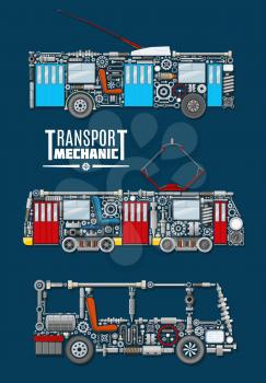 Transport mechanics vector poster of passenger and urban vehicles with detailed mechanisms and parts of bus engine or gear, tram wheels and gauges with screws and valves, trolley electric controllers 