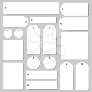Tags and labels blank vector templates set. Isolated paper price tags with empty copy spaces for shop or product sale discount shopping elements in round circle and square shape with holes