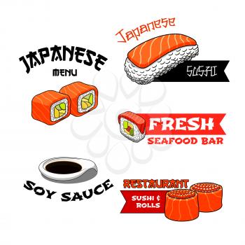 Sushi bar or Japanese seafood restaurant vector icons. Isolated symbols set of sushi or sashimi with salmon fish and tempura rolls with tuna on steamed rice with nori seaweed and soy sauce