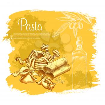 Pasta or macaroni poster for Italian cuisine or restaurant. Vector spaghetti variety of ravioli and farfalle or kanelone, funghetto and pappardelle or and tagliatelle, lasagna and bucatini or konkilon