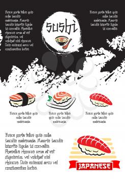 Sushi bar poster of sashimi with salmon fish and tempura shrimp or prawn, rolls with tuna and squid on steamed rice with nori seaweed and soy sauce for Japanese seafood restaurant menu