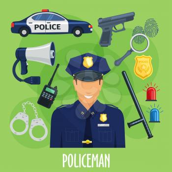 Policeman occupation poster of police guard supplies or accessories. Vector gun, rubber bat and bracelets or handcuff, walkie-talkie radio set and car siren or light signals, cop megaphone and sheriff