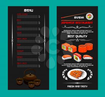 Japanese sushi bar or seafood restaurant menu template design. Vector sushi and rolls with salmon fish, sashimi or tempura shrimp and squid on steamed rice with nori seaweed and green tea pot and cups