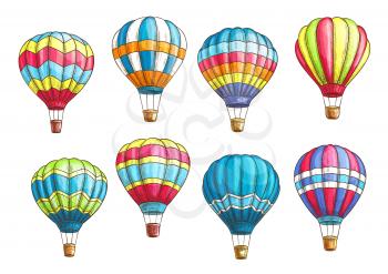Hot air balloons vector sketch. Isolated icons set of inflated hopper balloons or cloudhopper aircrafts with zig zag, stripes or square patch pattern design for air trip or summer vacation travel tour