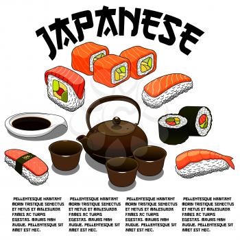 Sushi bar vector poster for Japanese seafood restaurant. Set of sushi and sashimi rolls with salmon fish and tempura shrimp or squid on steamed rice with soy sauce, nori seaweed and green tea cups
