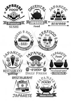Sushi bar vector icons for Japanese seafood restaurant or menu design. Vector isolated symbols of sushi rolls and salmon fish sashimi, noodles or miso soups and tempura shrimp with steamed rice and so