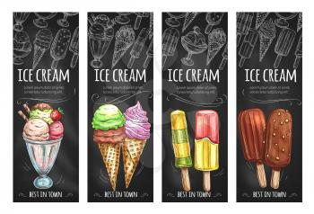 Ice cream banners for gelateria cafe. Vector design of sweet fresh frozen ice in scoops, strawberry soft cream in wafer cone, sundae or coffee sorbet with chocolate waffle and glaze
