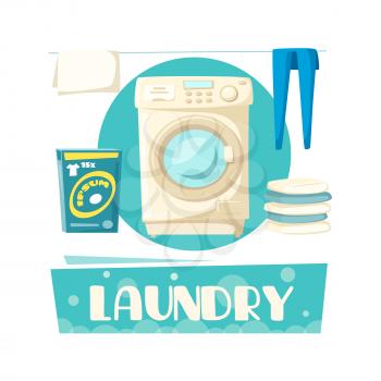 Laundry vector poster with washing machine, clean washed linen and drying clothes, detergent pack and soap bubbles. Vector design for laundry service or product information label