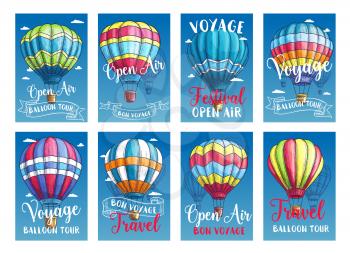 Hot air balloon tour or voyage posters or travel cards set. Vector sketch design of inflated hopper balloons with pattern decor of zig zag, stripes or square checkered patch for summer vacations