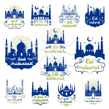 Eid Mubarak greetings, Ramadan Kareem celebration icon set. Muslim religion holy month greeting card with mosque, moon crescent, lantern, star and arabian ornament of swirling lines