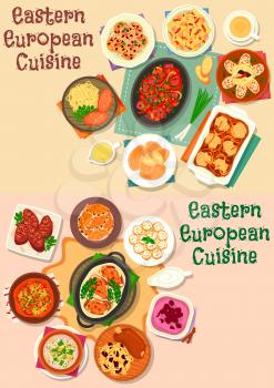 Eastern-european cuisine meat lunch icon set of vegetable stew with beef, sausage, ham, pork shank with cabbage, meat and potato dumpling, meat roll, cucumber and cherry soup, fruit cheese dessert