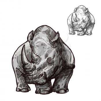 Rhino african animal isolated sketch. Black rhinoceros wild mammal animal with two horns illustration for safari travel tour, zoo symbol or wildlife themes design