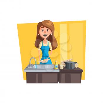 Washing dishes cartoon icon. Woman housewife wearing apron washing dishes, pan and cup in kitchen sink with dish soap and sponge. Household chore, house cleaning themes design