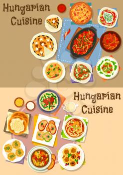 Hungarian cuisine lunch icon set of vegetable meat stew with sausage and bean, fish and salami salad, paprika chicken, marinated sausage, fish and meat soup, cheese dumpling, poppy cream pie