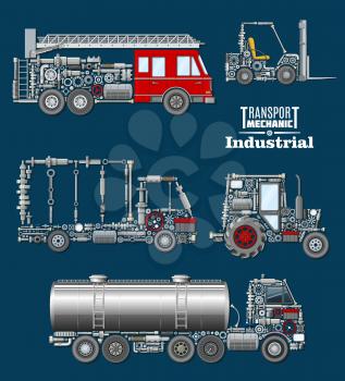 Industrial transport mechanics poster. Autotruck, fire truck, loader, tractor and tank track silhouette created from mechanical details, spare parts, engine components and wheel. Transportation design