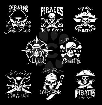Pirate skull with crossbone and Jolly Roger symbol set. Piracy flag of pirate ship with human skull in pirate captain hat, bandana and earring isolated sign, decorated with sword, compass wind rose
