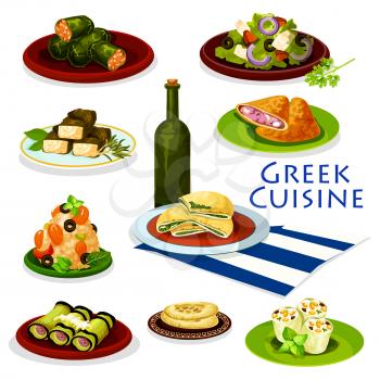 Greek cuisine healthy food cartoon icon. Tomato vegetable salad with feta cheese and olive, meat and spinach pie, pita bread, eggplant roll with meat, seafood rice, cabbage and grape leaf rolls dolma