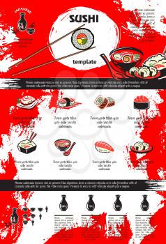 Sushi and seafood dishes of japanese cuisine poster template. Asian restaurant menu of sushi roll and nigiri with rice, fish, shrimp and caviar, seafood rice, noodle soup and sake set for food design