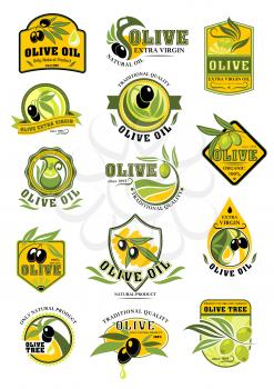 Olive oil and olive fruit label set. Green and black olive fruit with oil drop, branch and leaf symbol on badge with text Extra Virgin Oil and Natural Organic Product. Food packaging themes design