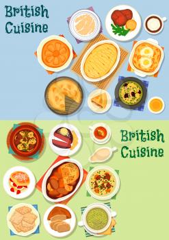 British cuisine meat dishes icon set with vegetable meat stew, potato lamb casserole, meat pie, roast beef, yorkshire pudding, lamb veggies soup, milk porridge, honey pie and scones with jam