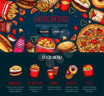 Fast food menu with takeaway dishes and drink. Hamburger, hot dog, french fries, pizza, coffee, donut, sweet soda, ice cream cone, burrito sandwich sketches for fast food restaurant web banner design