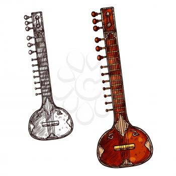 Indian musical instrument sitar isolated sketch. Veena or sarod indian classical music stringed instrument with old ornamental wooden body for ethnic music and arts themes design