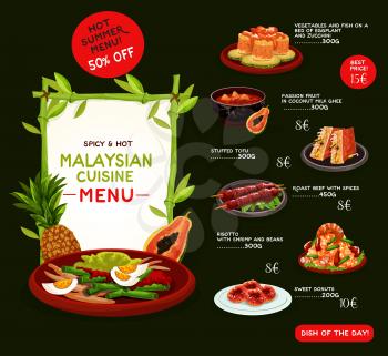 Malaysian cuisine menu template for asian restaurant. Grilled meat, seafood rice risotto, vegetable fish salad, stuffed tofu, passion fruit dessert and donut dishes list, adorned by exotic fruit