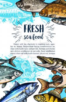 Seafood and freshwater fish banner. Salmon, tuna, marlin, pike, perch, carp, trout, cod and flounder fish sketches and silhouettes. Seafood poster for fish market, fishing and fishery industry design