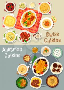 Austrian and swiss cuisine dishes icon set. Baked meat with fruit and cream sauce, beef vegetable stew, soup with cheese and beer, potato noodle and dumpling, chocolate cake and mousse, almond cookie
