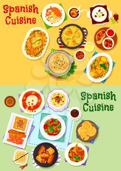 Spanish cuisine national dishes icon set of seafood tomato pasta, baked meat, ham tapas, rice paella, fried pork, vegetable salad and stew, bread and nut soup, chilli potato, fruit pie, egg dessert