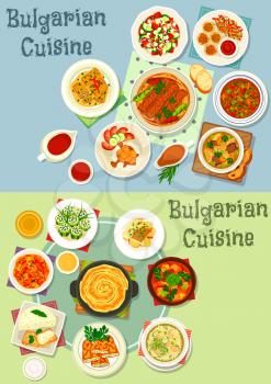 Bulgarian cuisine healthy food icon set. Grilled meat with pepper, vegetable pork stew, stuffed veggies with cheese, meatball rice and beef lentil soup, cabbage rolls, eggplant pate and pumpkin pie
