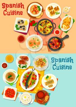 Spanish cuisine menu icon set with seafood paella, fish tapas, baked pepper, tomato and garlic soup, baked fish and meat with vegetables, potato omelette and tortilla, olive sausage stew and meat pie