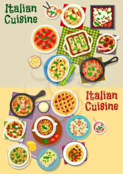 Italian cuisine pasta dishes icon set. Pasta with meat, vegetable sauce, fish and spinach, meatball spaghetti, lasagna with cheese and bacon, tomato and lentil soup, strawberry and plum fruit pie