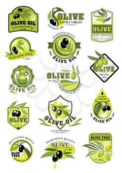 Olive oil icons and product labels with black and green olives for extra virgin oil. Vector design of olive ripe fruits and drops with ribbons for organic cooking oils, farm market or store